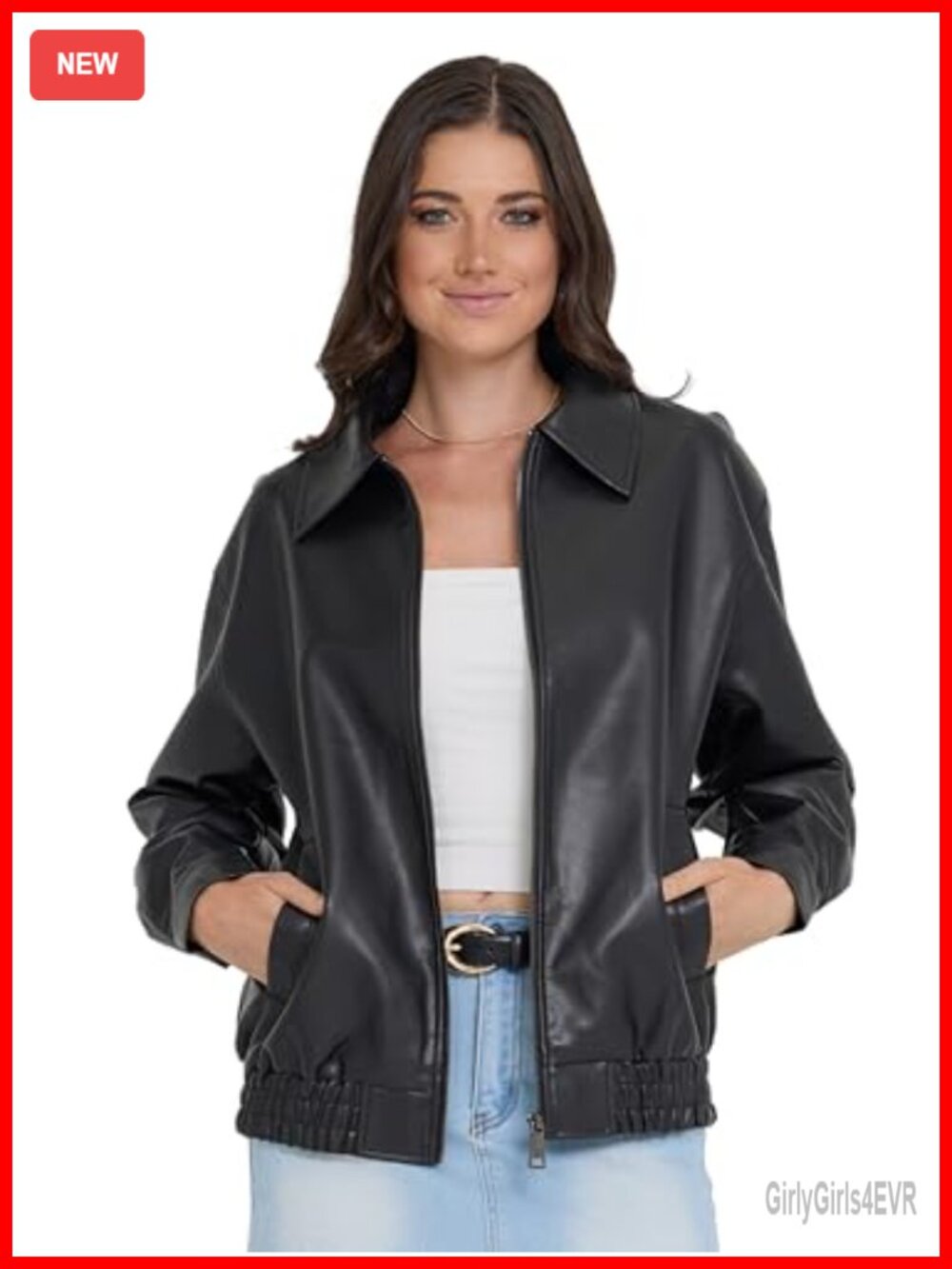 Faux Leather Bomber Jacket Women Fitted Moto Zip Up